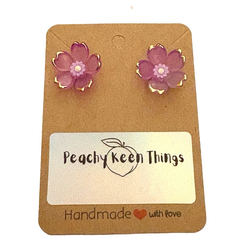 Lucite Cherry Blossom Flower Earrings with Cabohon Centers and 925 Posts. - Picture 7 of 11